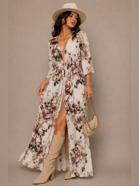 Women’s Floral Knit Mesh Cardigan in Cream and Mauve